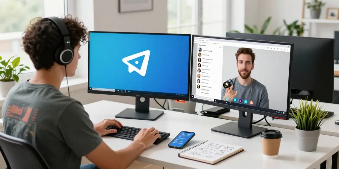 Engage with Telegram download in a modern tech workspace featuring dual monitors and a casual professional.