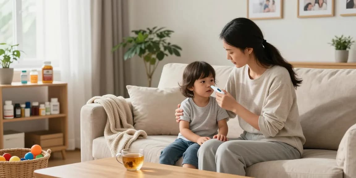 Mother checking toddler's temperature with a thermometer in a cozy living room setting, emphasizing home wellness and care.