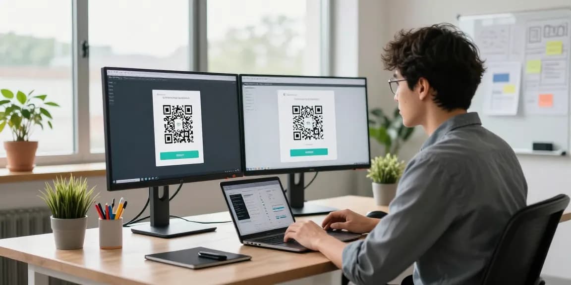 Dynamic workspace with a developer using a QR Code Generator on dual monitors in a bright office.