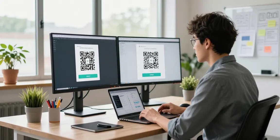 Dynamic workspace with a developer using a QR Code Generator on dual monitors in a bright office.