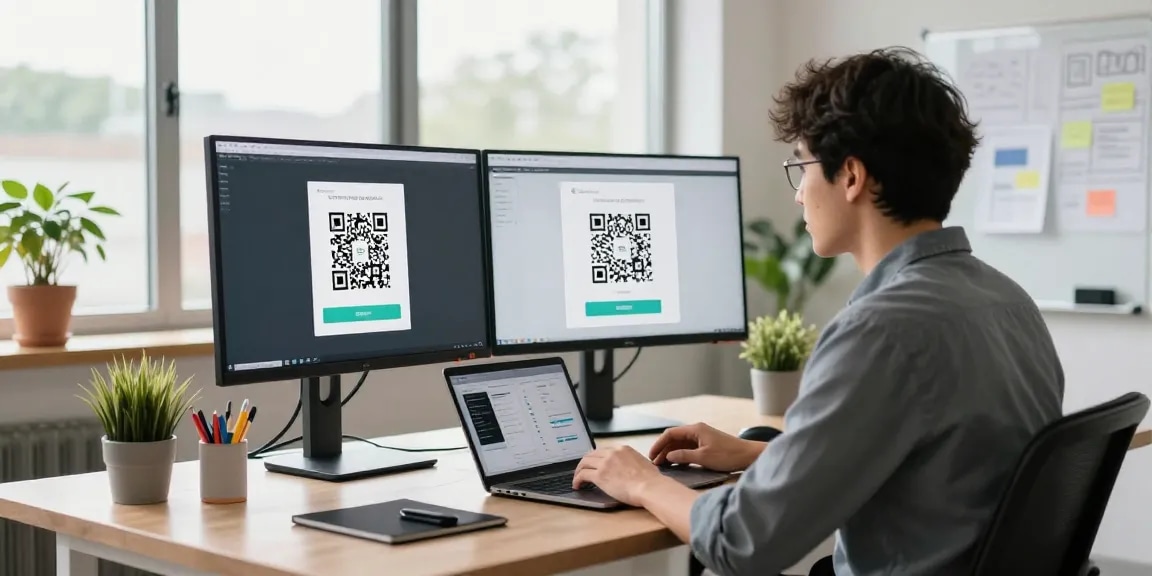 Dynamic workspace with a developer using a QR Code Generator on dual monitors in a bright office.