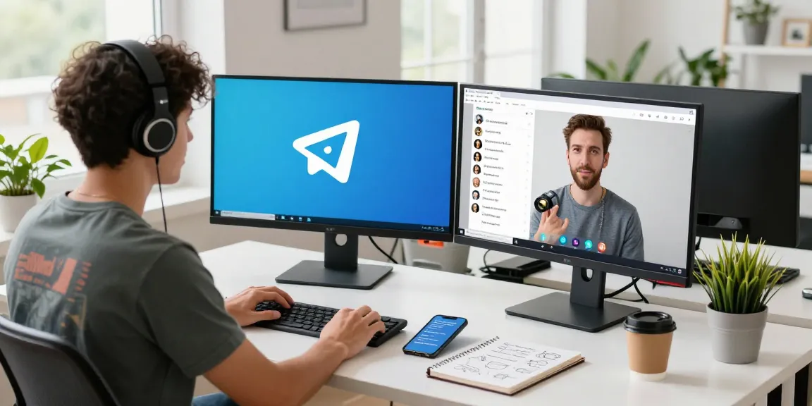 Engage with Telegram download in a modern tech workspace featuring dual monitors and a casual professional.