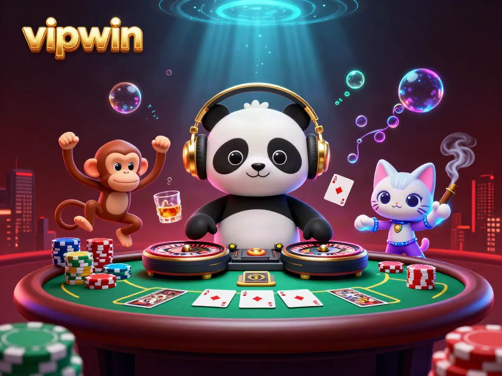 Engage in thrilling gaming experiences at vipwin with an exciting illustration featuring a DJ panda and vibrant casino elements.