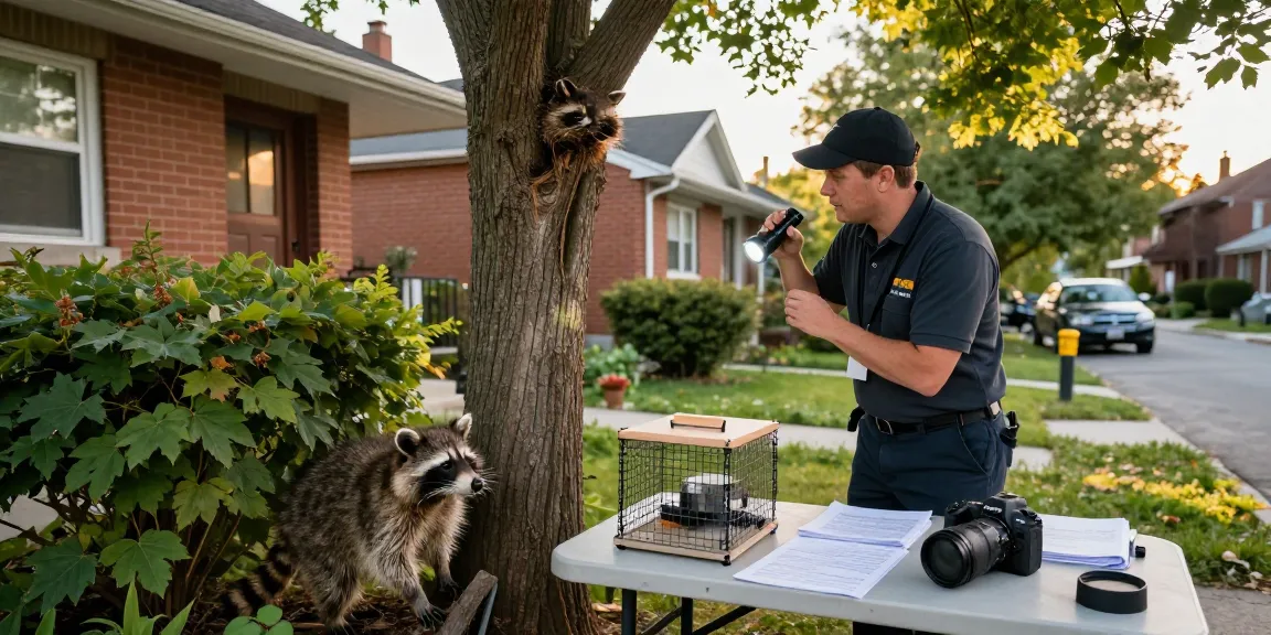 Raccoon Removal Toronto expert inspecting a neighborhood for raccoon activity, showcasing humane wildlife management practices.