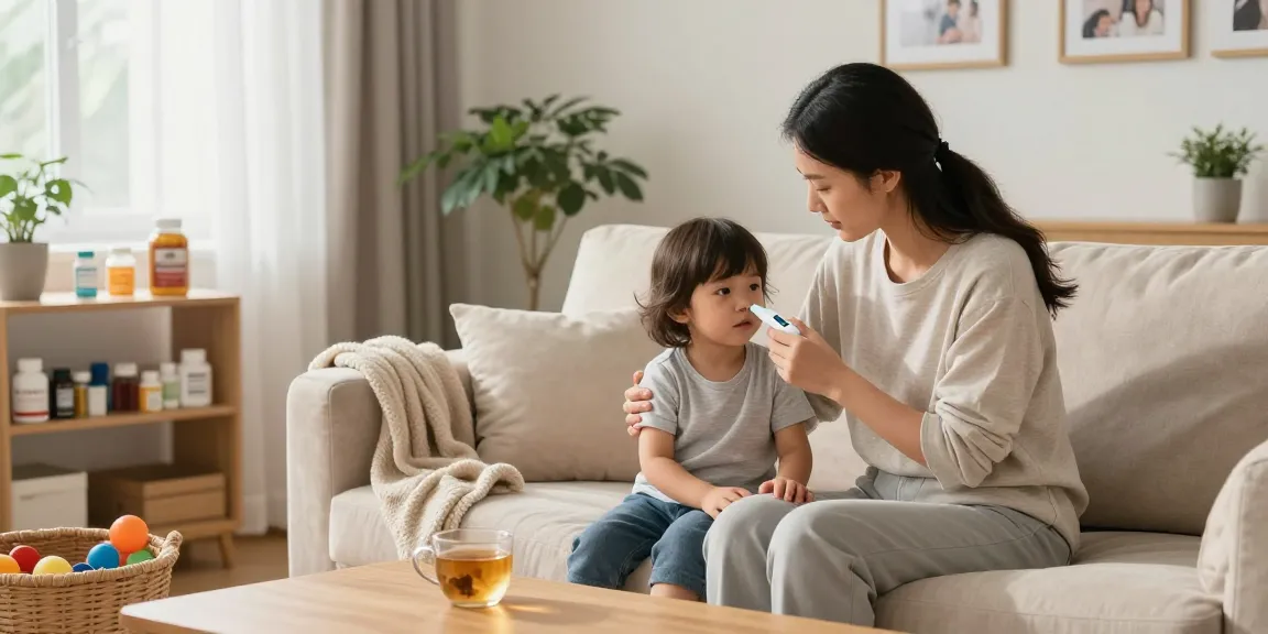 Mother checking toddler's temperature with a thermometer in a cozy living room setting, emphasizing home wellness and care.