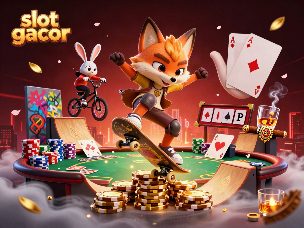 Engage with slot gacor featuring a skateboarder fox and BMX rabbit in a vibrant 3D casino scene.