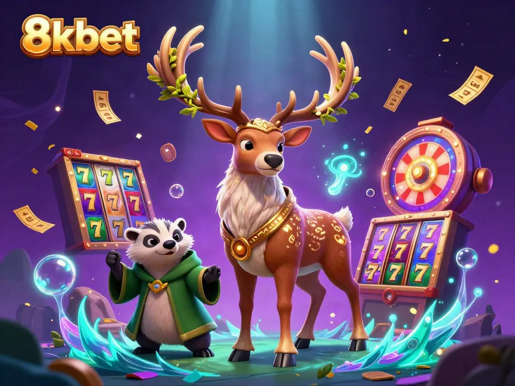 Experience 8xbet's dynamic gaming world with vibrant slot elements and enchanting characters.