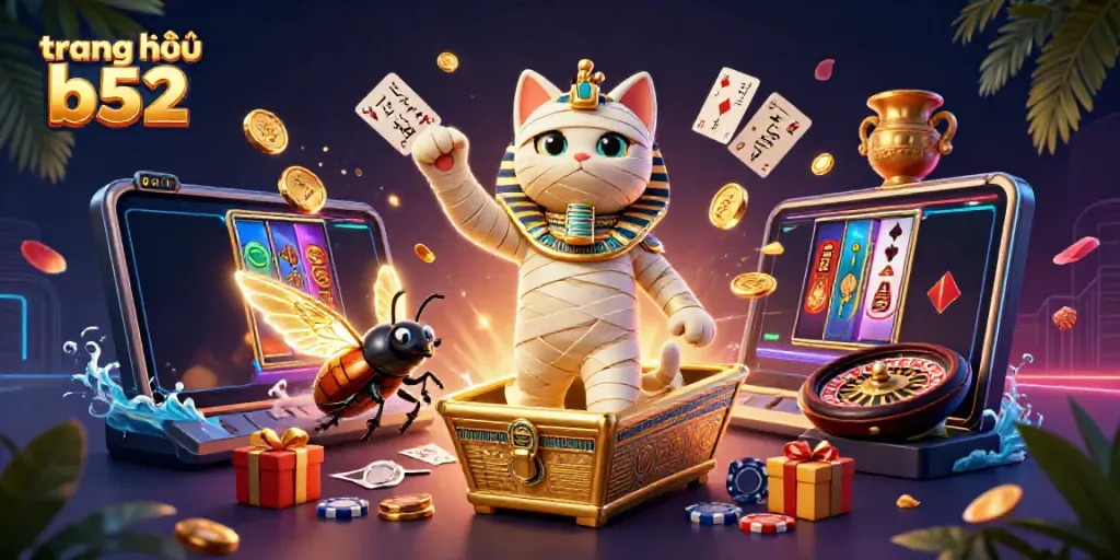 Experience the excitement at trang chủ b52 with 3D mummy cat, casino games, and glowing elements!