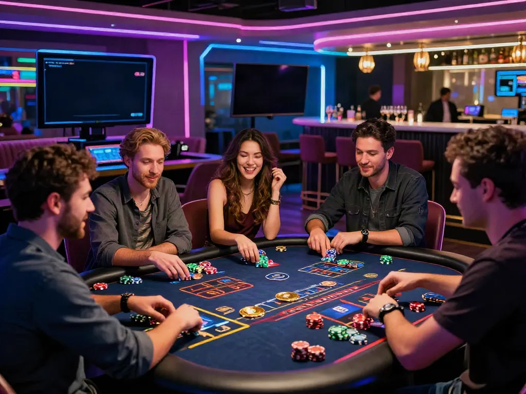 Players engaging in Crypto Casino Canada Fast Withdrawls with digital interfaces and vibrant neon lights.