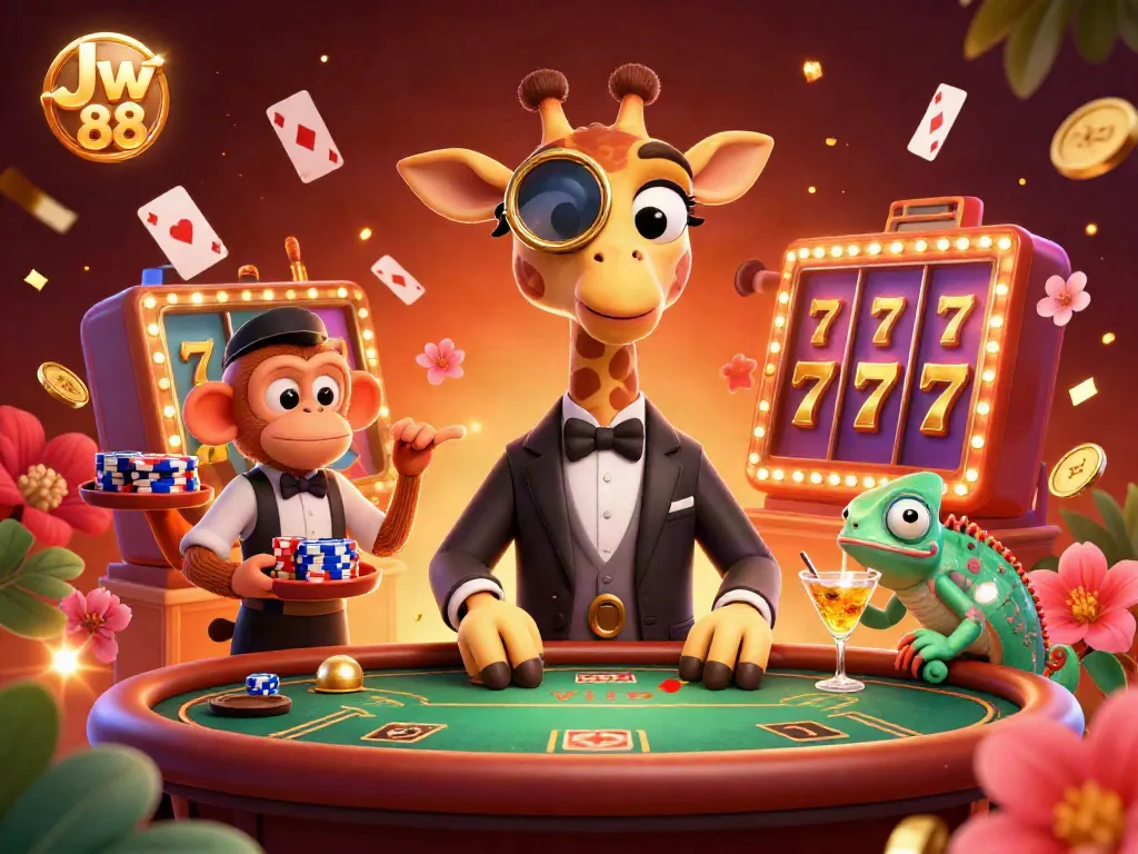 Engaging scene showing Jw 88 with a high-roller giraffe, monkey valet, and chameleon bartender at a lively casino.