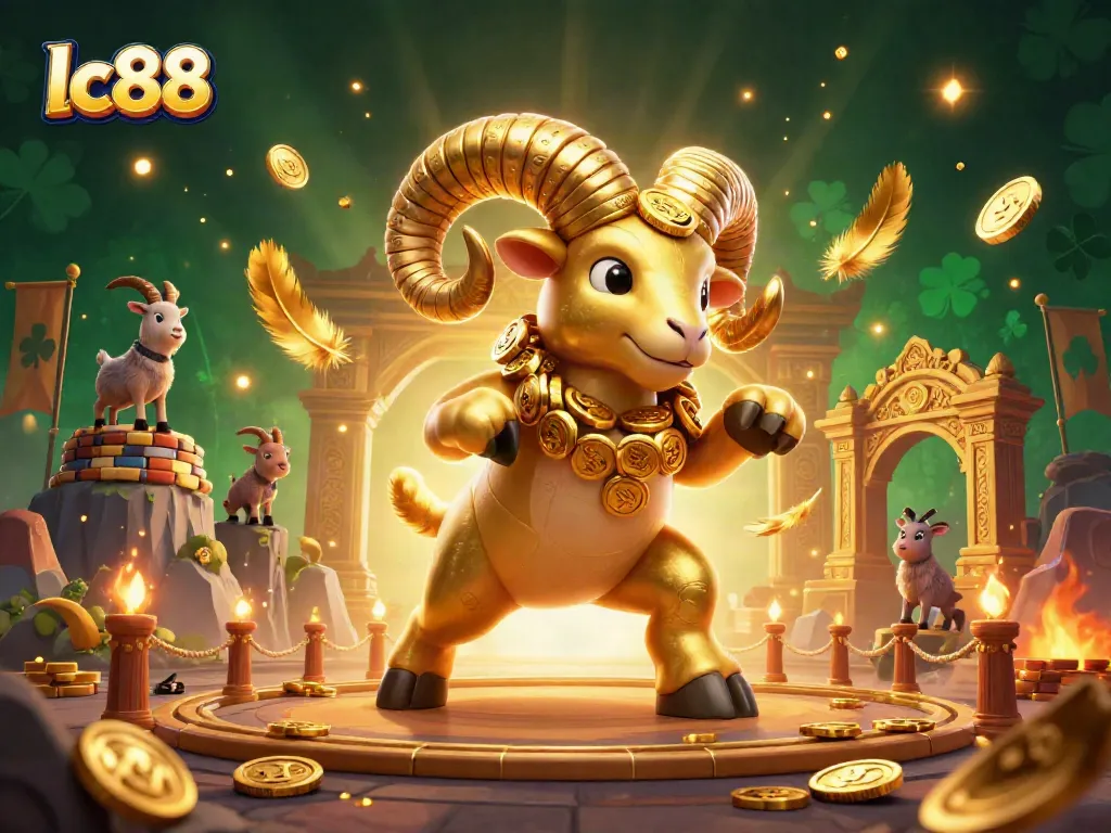 Experience lc88 excitement with a golden ram charging through a vibrant casino arena filled with dynamic game elements