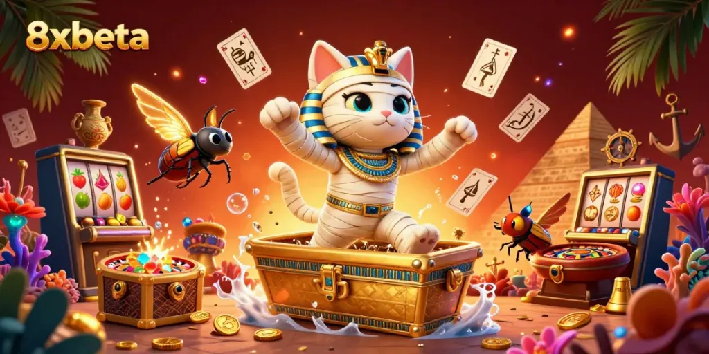 Engage with 8xbeta's pyramid casino-themed digital illustration featuring Egyptian mummy cat and treasure.
