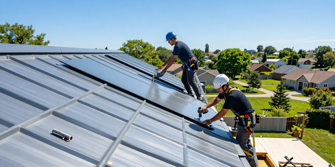 Steel roofing contractors expertly installing panels on a residential roof under bright sunlight.