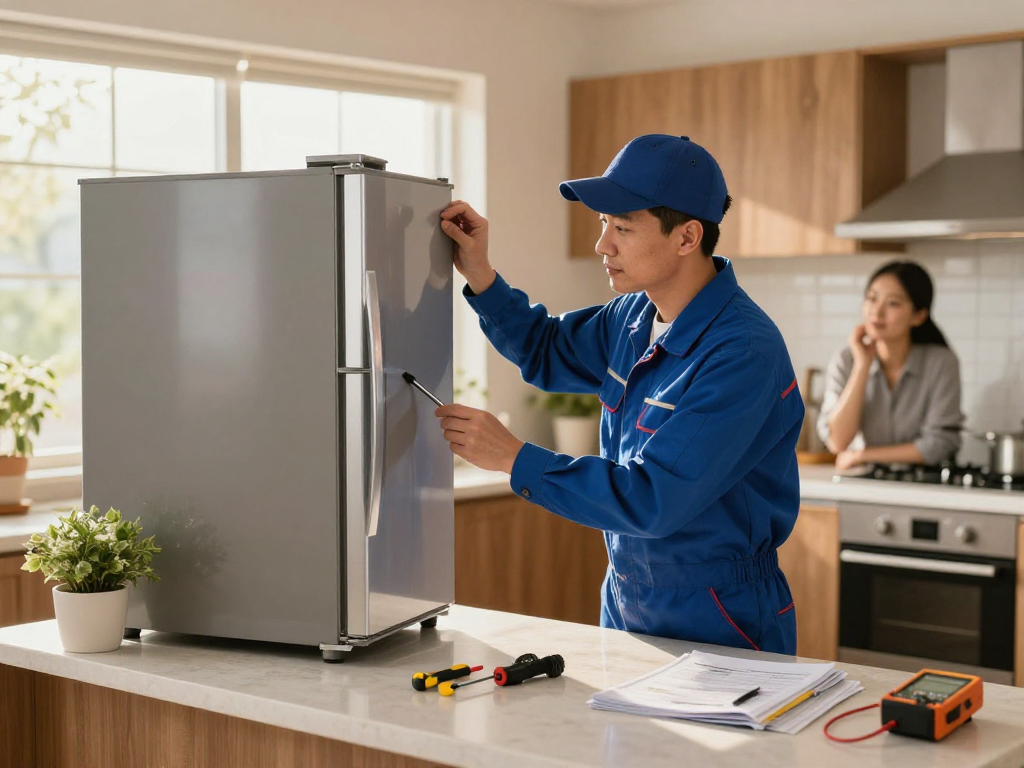 Appliance Repair technician inspecting a refrigerator in a warm kitchen.