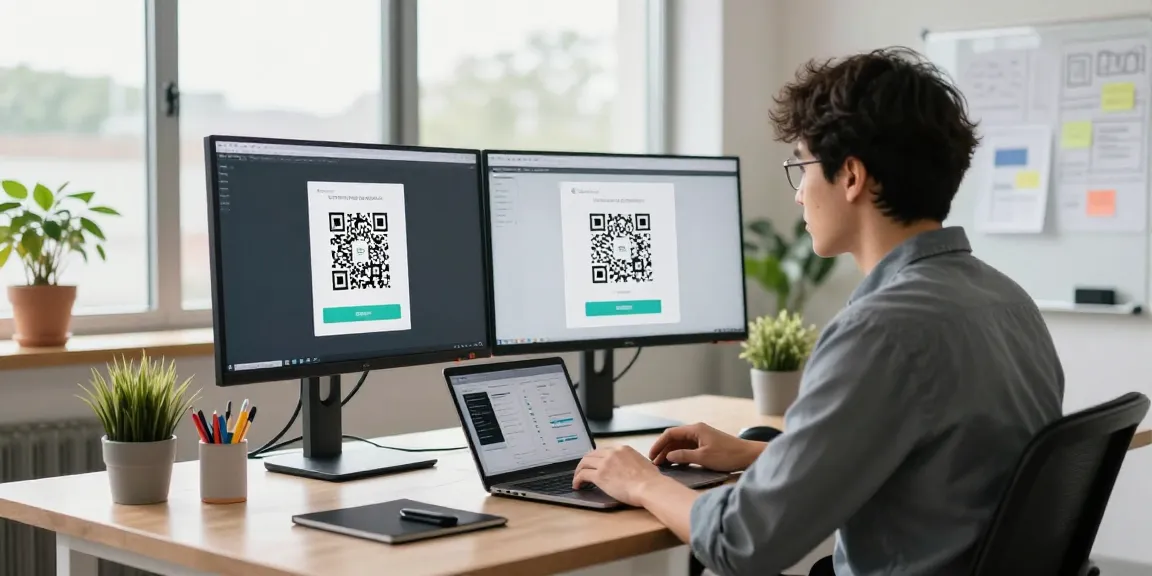 Dynamic workspace with a developer using a QR Code Generator on dual monitors in a bright office.