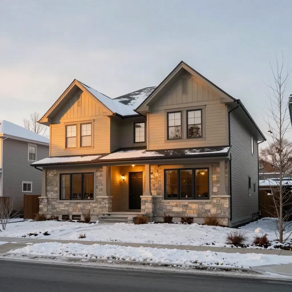 Modern custom home at golden hour with glowing windows and fresh snow.
