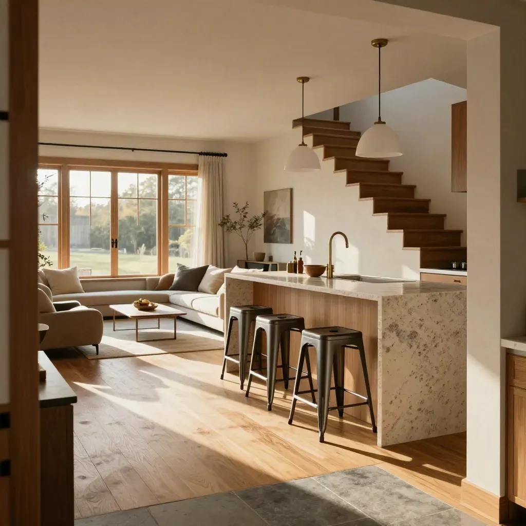 Model home living room with oak stairs, quartz island, pendant lights and morning sun.