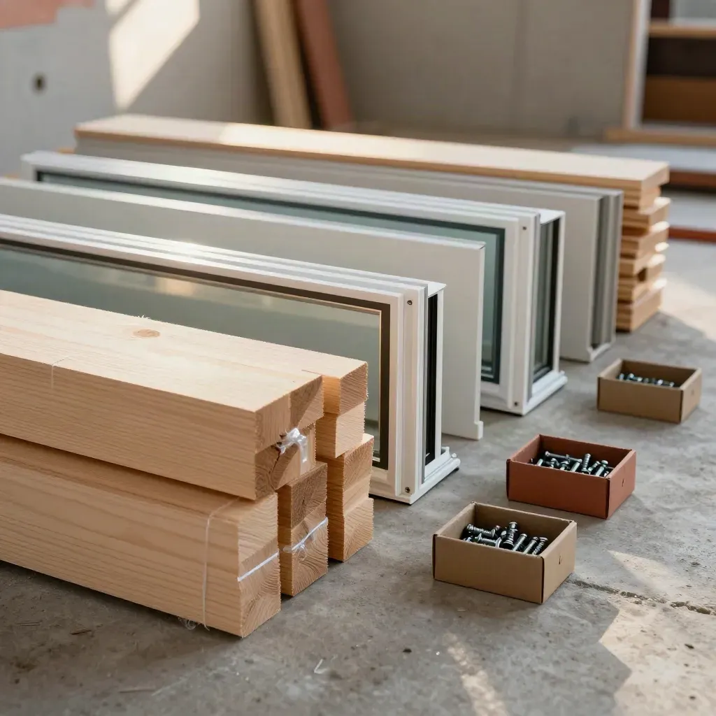 Jobsite materials staged on concrete: trim bundles, window units, drywall, and hardware boxes.