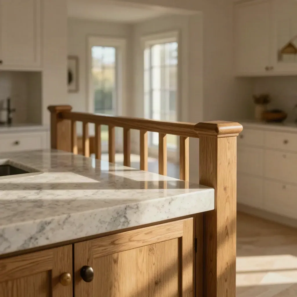 Finished home interior detail with quartz island, oak stair rail, and warm window light.