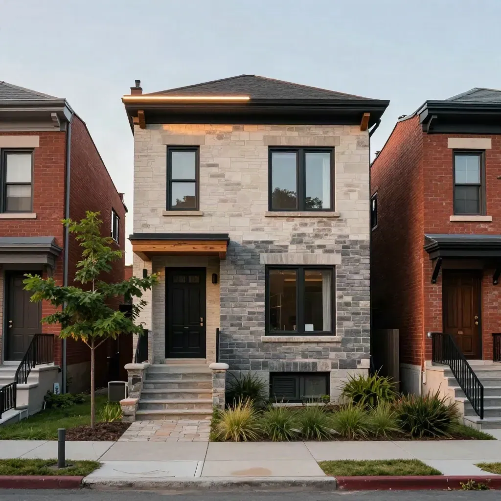 Ottawa infill home with modern facade between brick neighbours at dusk, grasses swaying in the front yard.