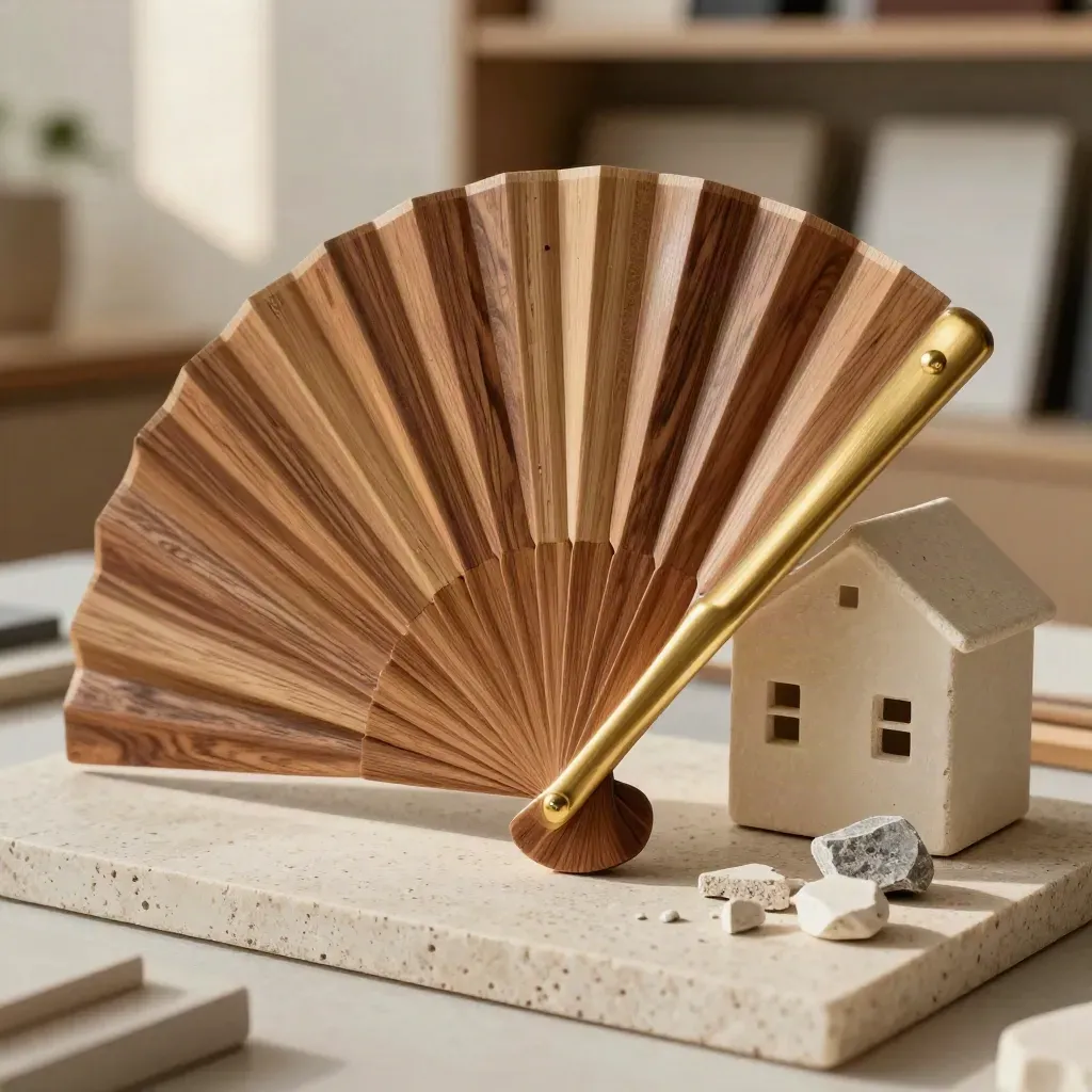 Macro of home design samples: walnut veneer fan, brass pulls, limestone chips and plaster house model.
