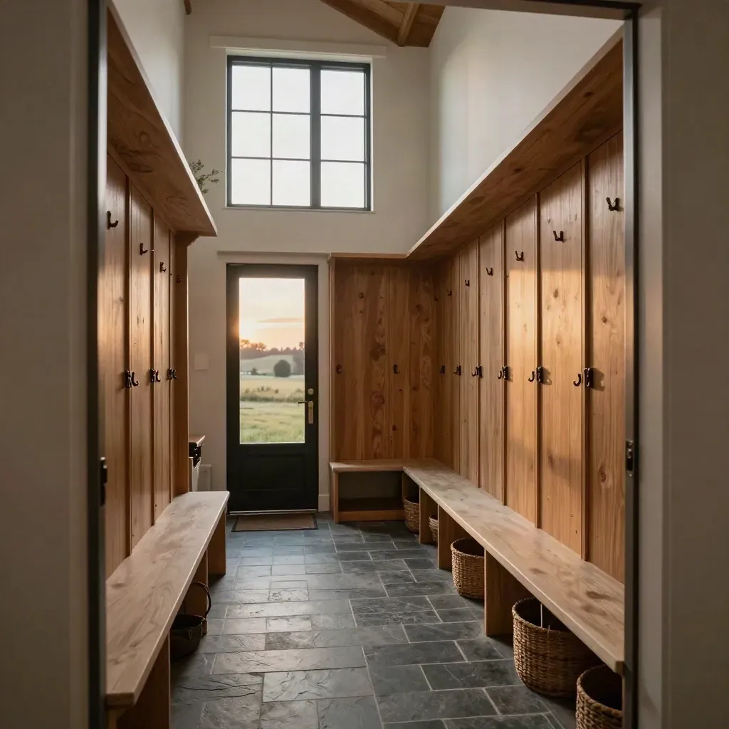 Finished estate-home mudroom with oak lockers, stone bench, slate floor, and loft stairs