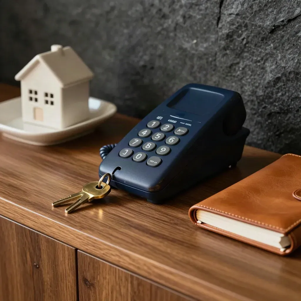 Macro still life of phone base, keys, ceramic dish and leather address book on an entry console.