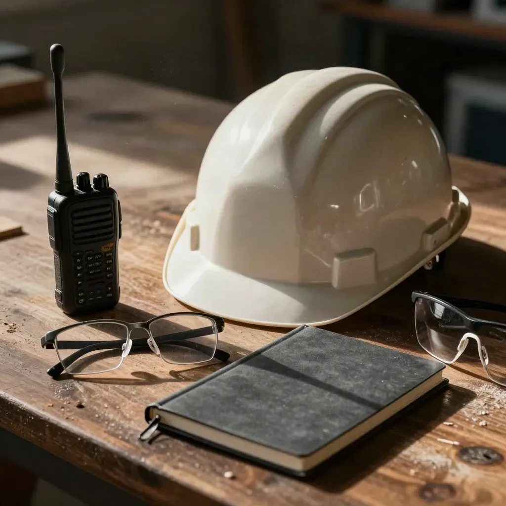 Hard hat, radio, safety glasses and site notebook on a dark workbench in dramatic workshop light.
