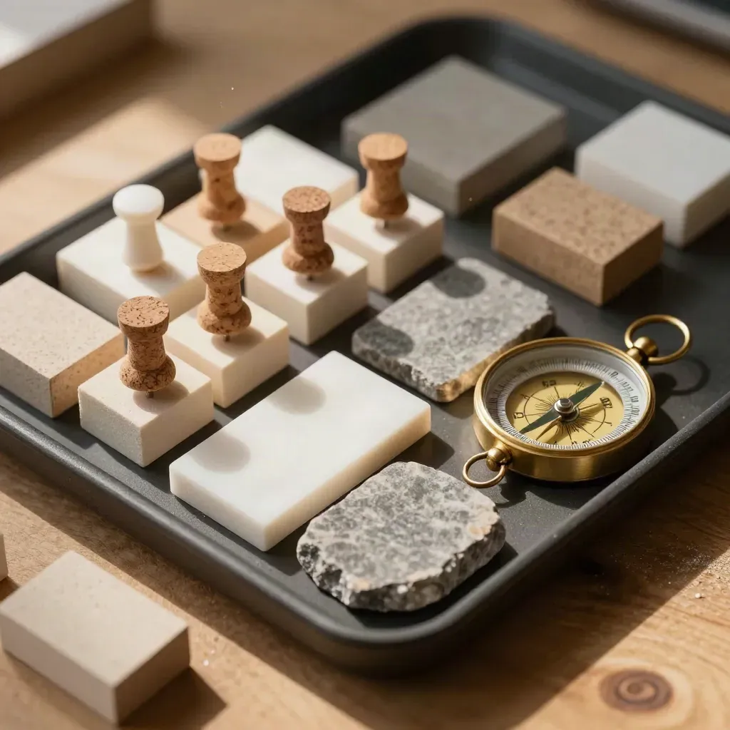 Overhead still life of planning tools, model blocks, pins, brass compass and finish chips on a charcoal tray.
