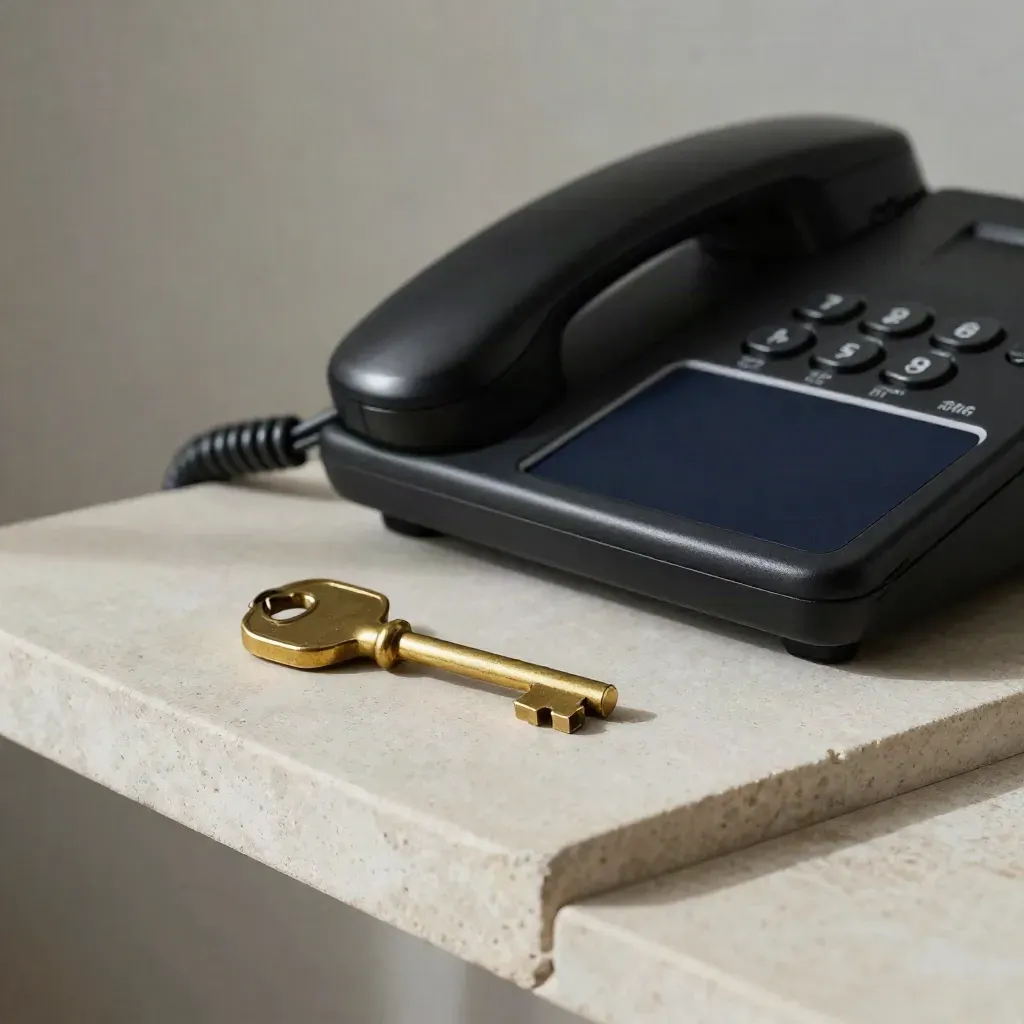 Brass key beside a black phone receiver and navy-lined card tray on a stone shelf.