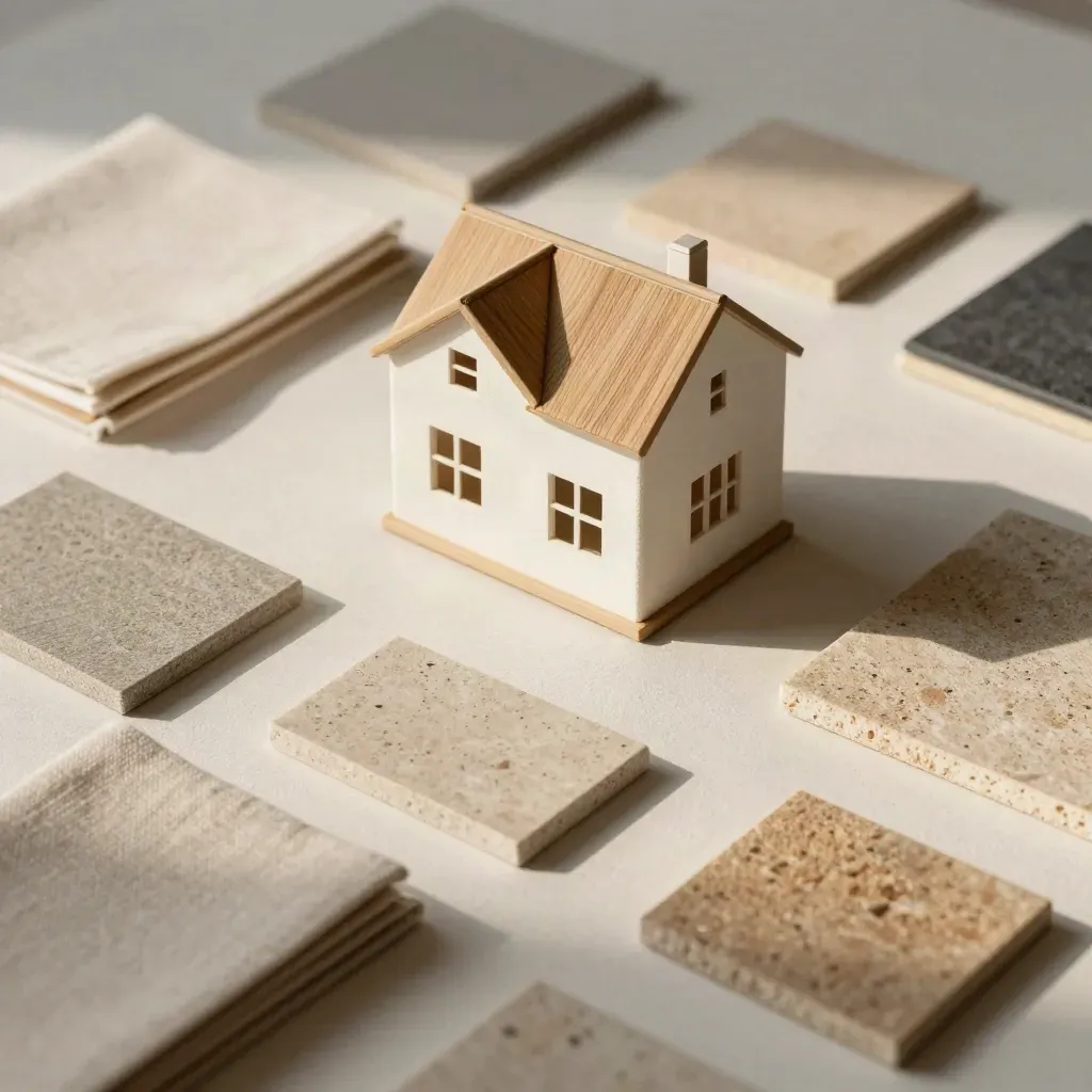 Overhead flatlay of a house model, stone samples, oak chips, and a fabric swatch binder