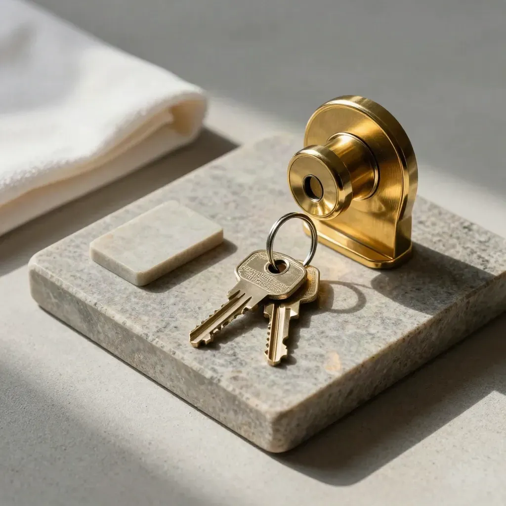 Brass deadbolt, house keys and latch on stone tray with warm-white cloth, overhead