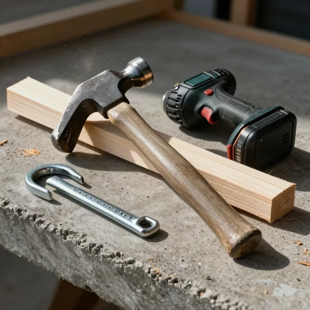 Framing hammer, joist hanger, drill battery, and pine offcuts on dusty concrete.