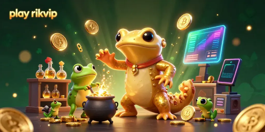 Play rikvip by engaging with dynamic golden alchemist characters amidst sparkling casino elements.