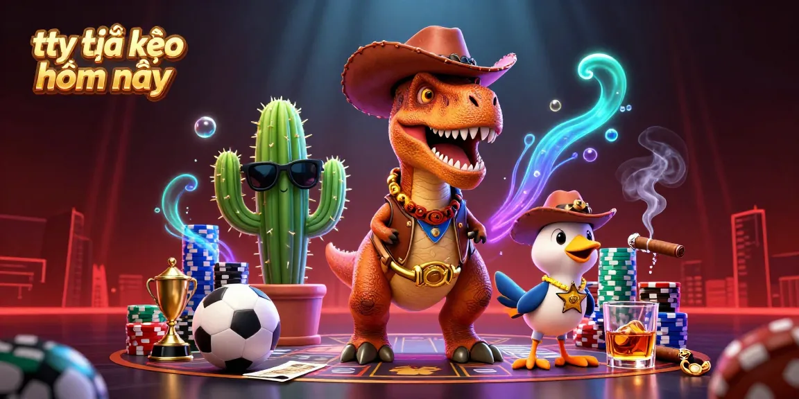 Experience the excitement of tỷ lệ kèo nhà cái hôm nay with a dynamic scene showcasing a cowboy T-Rex and friends.