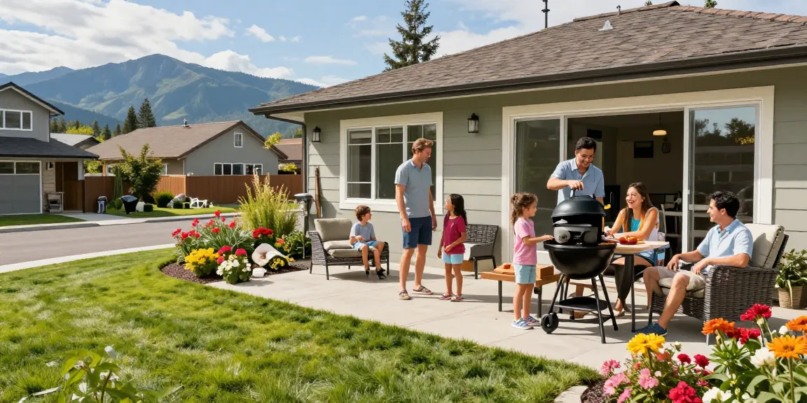 Coquitlam homes for sale featuring a family enjoying their outdoor barbecue in a beautifully landscaped garden.