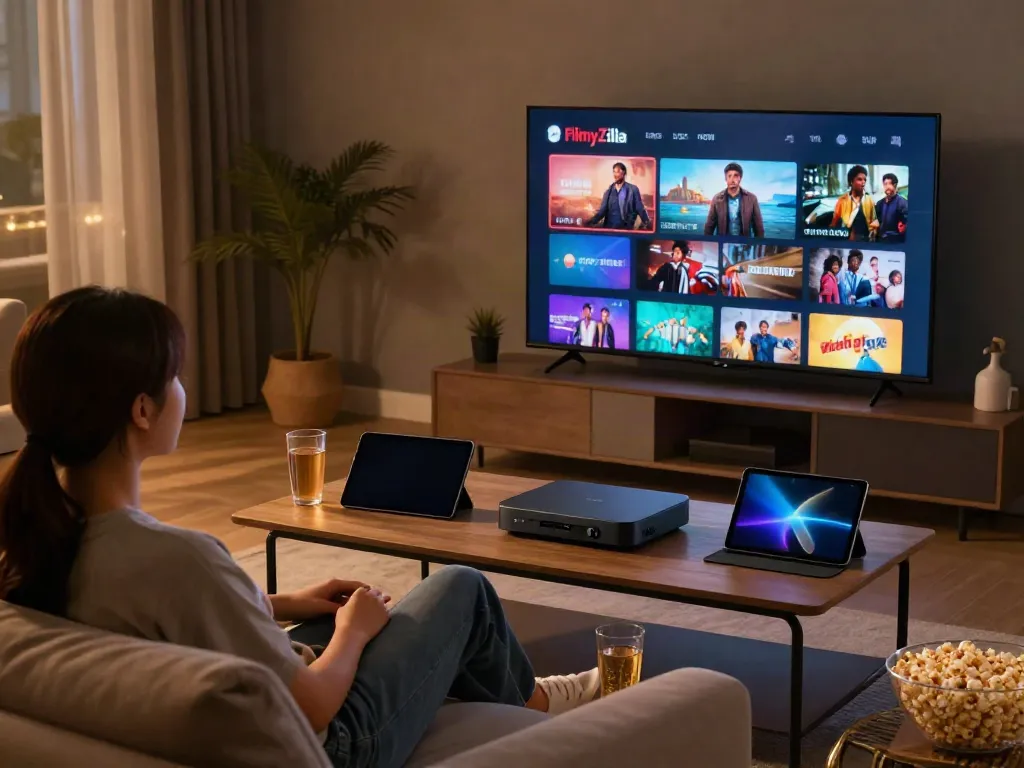 FilmyZilla interface displayed on TV with user enjoying movies and sports in cozy living room