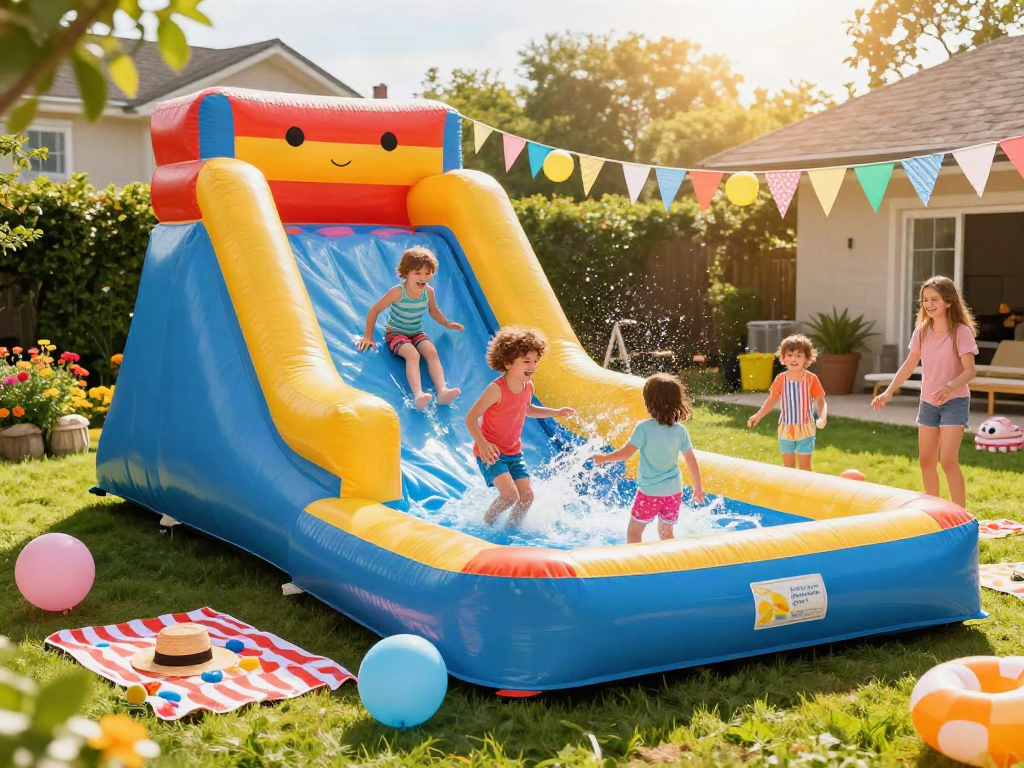 Children enjoying an inflatable water slide at a summer party.
