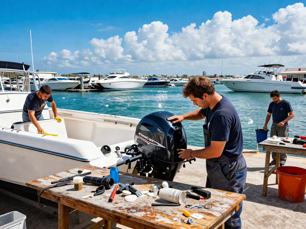 Boat repairs at a busy marina with technicians inspecting engines and servicing boats.