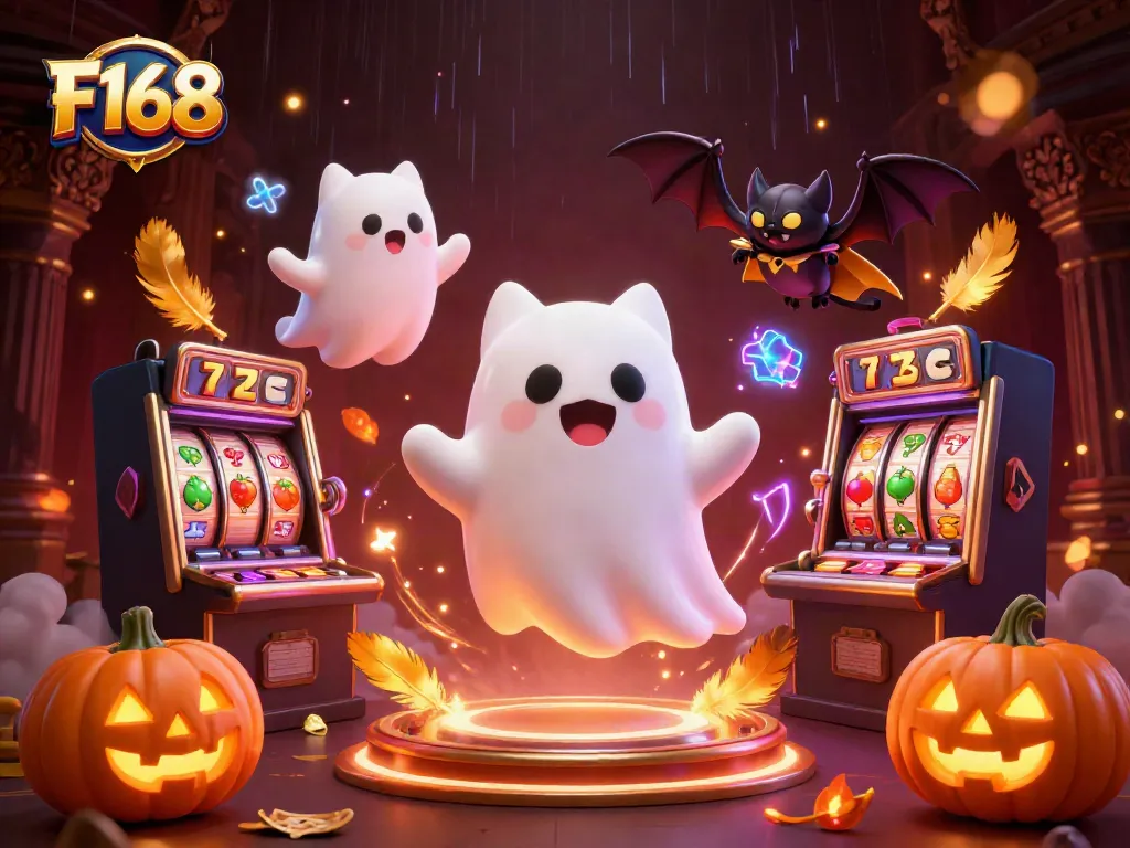 Join the fun at F168 with a spirited 3D ghost cat and vampire bat in a haunted casino.