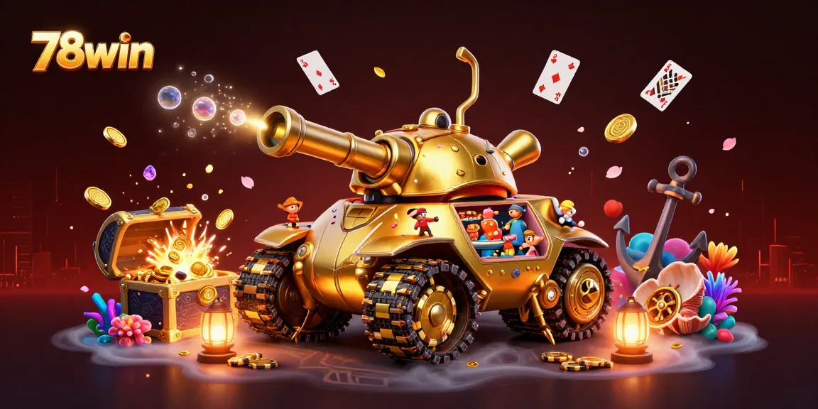 Experience the excitement of 78win with a vibrant casino tank illustration bursting with gold and gems.