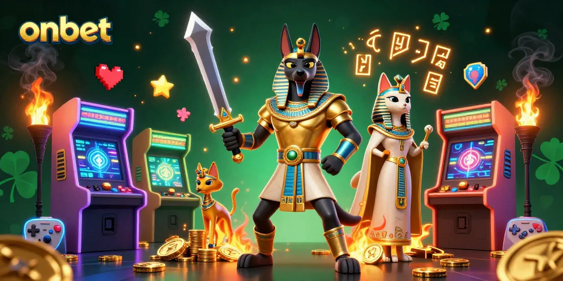 Engage with onbet's thrilling casino experience featuring Anubis and Bastet among vibrant gaming elements.